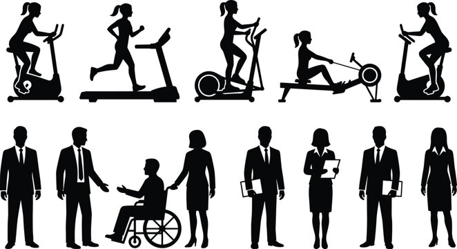 Black silhouette icons set of business people in suits and diverse athletes exercising on cardio gym equipment machines