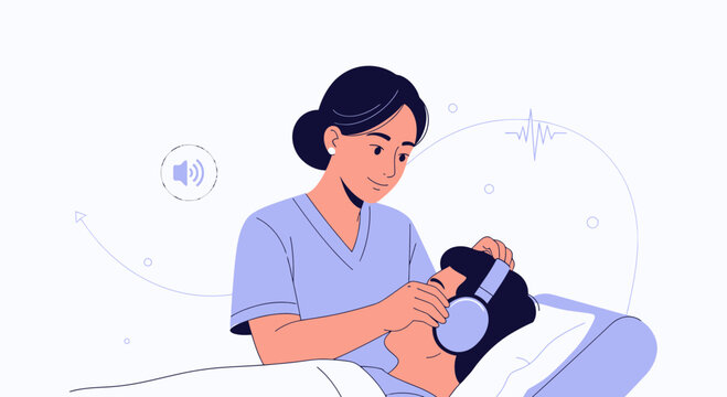 Audiologist Examines Patient's Hearing with Headphones and Sound Wave Graphic