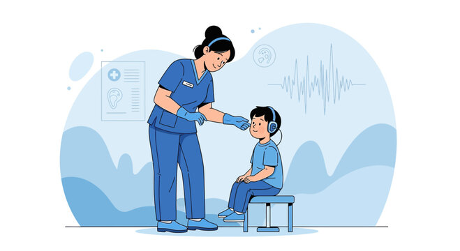 Audiologist performs hearing test on child wearing headphones, medical checkup illustration