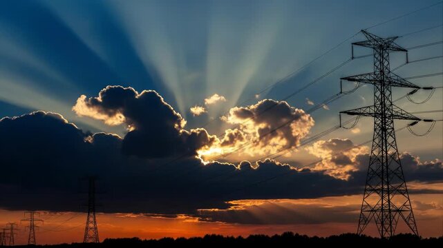 Dramatic sunset with silhouetted power lines and crepuscular rays