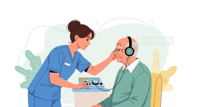 Audiologist performs hearing test on elderly man with headphones and audiometer