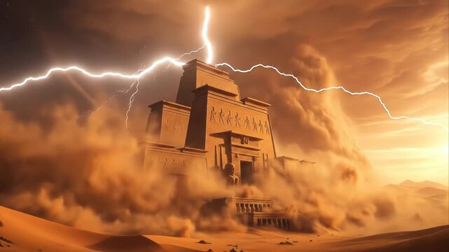 Ancient Egyptian temple in a desert sandstorm with lightning.