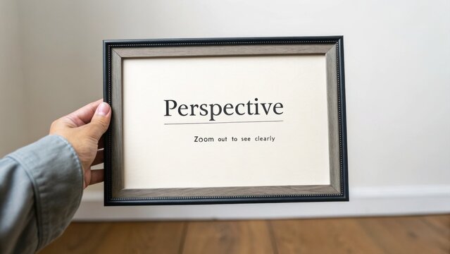 Framed quote 'Perspective Zoom out to see clearly' with minimalist text and a dark border