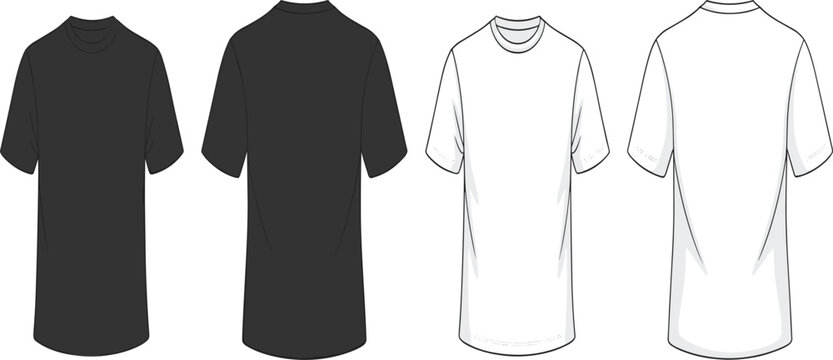 Blank oversized t-shirt vector mockup set with front and back views in black and white colors for apparel