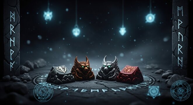 Four intricately designed fantasy-themed artisan keycaps featuring mythical creatures and magical symbols for mechanical keyboards