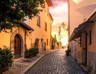 Fototapeta premium A serene cobblestone street lined with old buildings at sunset