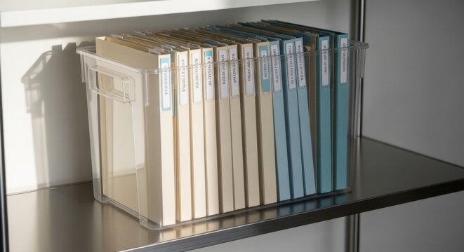 Neatly organized archive folders within a clear plastic container on a metal shelf, showcasing efficient document management.