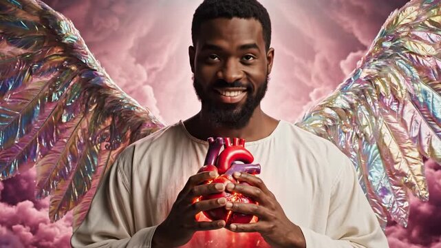 Man with Angel Wings Holds Glowing Heart in Clouds.