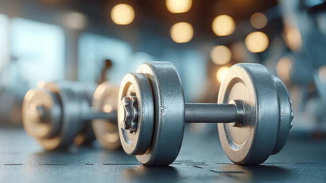 Close up of two heavy dumbbells on a dark gym floor with weight plates, sports equipment