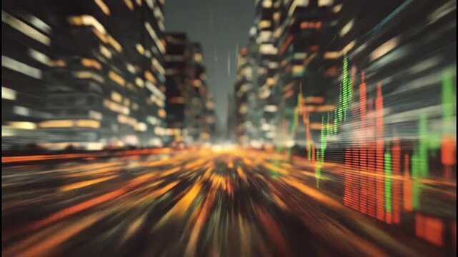 A blurred, futuristic cityscape showcases a dynamic stock market graph overlayed on streaks of light, suggesting rapid financial growth and technological advancement.