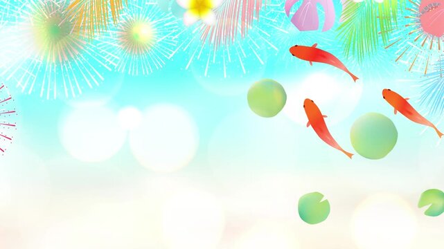 Watercolor summer illustration of medaka swimming with fireworks and tropical plants
