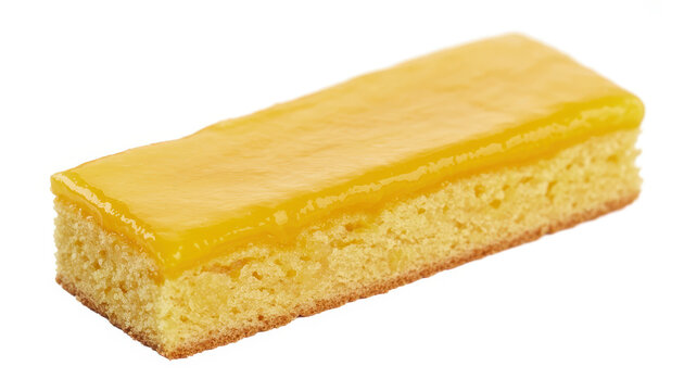 Rectangular sponge cake slice topped with smooth yellow lemon glaze isolated on white