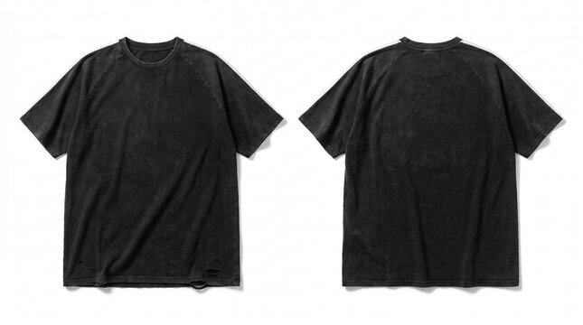 Blank Distressed Black Acid Wash T-Shirt Mockup, Front and Back View, Oversized Raglan Tee with Shoulder Stripes and Worn Hem, Isolated on White Background