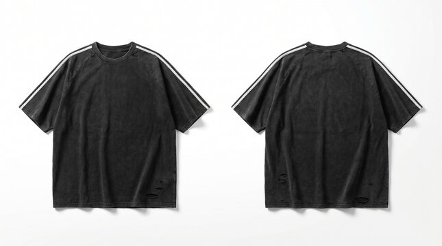 Black Oversized Distressed T-Shirt Mockup with White Stripes, Front and Back View