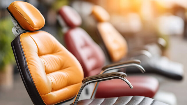 Row of luxurious vintage-style barber shop chairs with leather upholstery in an empty salon
