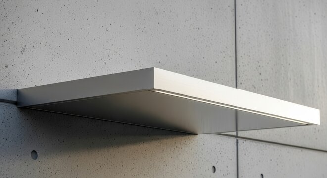 Brushed aluminum floating shelf with integrated LED lighting against a concrete wall