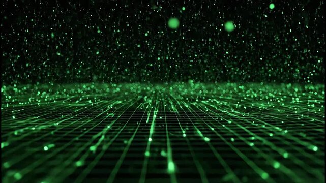 A vibrant green digital landscape unfolds, resembling a futuristic data stream or matrix-like environment.