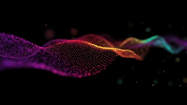 A vibrant, abstract wave of colorful particles flows across a dark background, creating a dynamic and futuristic visual effect.