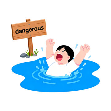 Man in danger while swimming in water with warning sign
