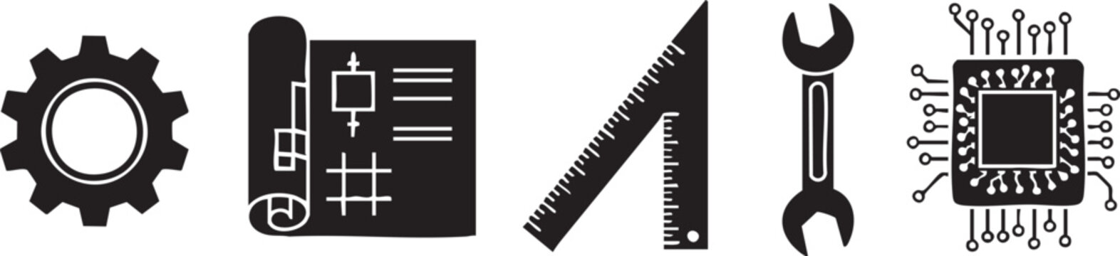 Engineering tools and icons set including gear, wrench, ruler, and circuit board
