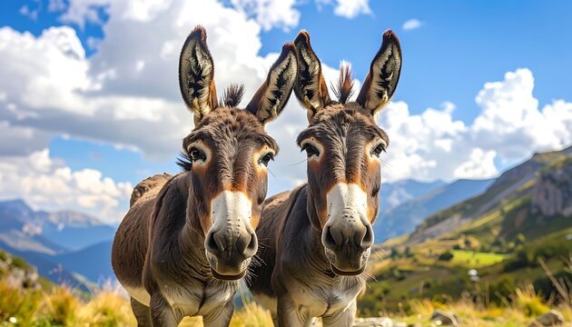 Two brown donkeys standing in a field with mountains