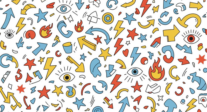 A vibrant, playful, and colorful seamless pattern featuring various hand-drawn doodle icons like arrows, stars, lightning bolts, eyes, and flames on a white background.