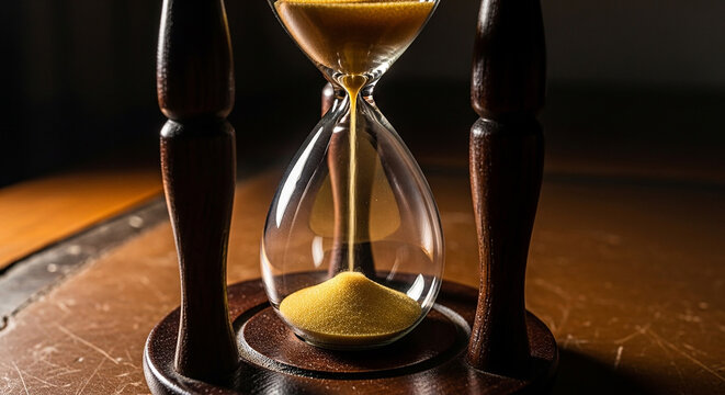 Vintage Hourglass with Flowing Sand on Wooden Table - Time Passing Concept