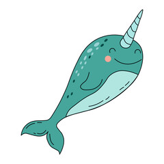 Whimsical Teal Narwhal Illustration with Spiral Tusk and Friendly Smile © Apoloart