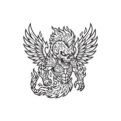 Obraz premium Detailed Fire Skull Vector Warrior Illustration, Black and White Line Art Style