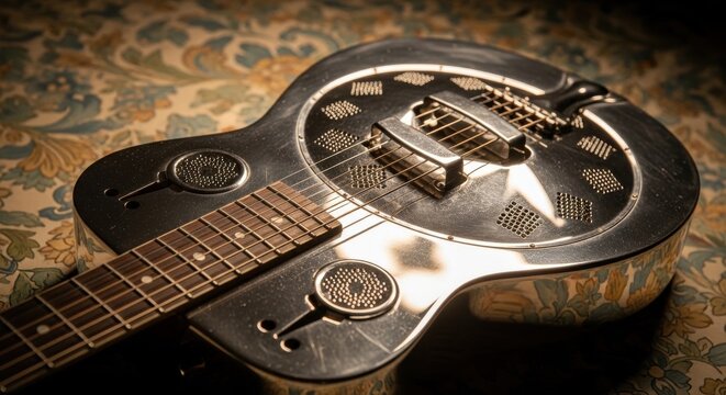 Detailed view of a vintage steel resonator guitar with a metallic cone and intricate detailing