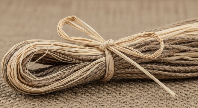 Close-up on a bundle of natural raffia and jute twine tied with a decorative bow, showcasing earthy textures