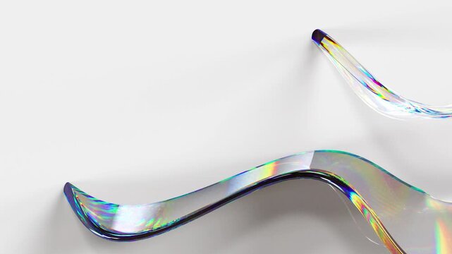 Abstract 3D glass wave emerging from white surface. Features elegant, iridescent and refractive motion graphics. 4K seamless loop 3d render animation.