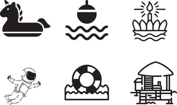 Minimalist summer vacation icons set, black and white travel vector illustrations, unicorn pool float and beach bungalow symbols for web design