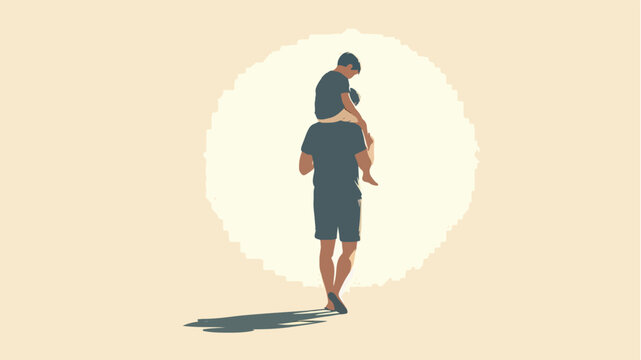 Father Walking While Gently Holding Baby in Arms Seen from Behind, Tender Parenthood and Newborn Care Moment in Warm Beige Tone Minimalist Flat Design Illustration, Father's Day