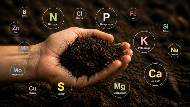 Hand holding fertile soil with floating symbols of essential plant nutrients like Nitrogen, Phosphorus, Potassium, Magnesium, Calcium, and more