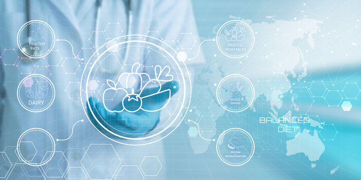 Modern digital illustration showing balanced diet components with healthy food icons connected globally on futuristic network background