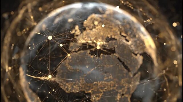 A digitally rendered globe showcases interconnected networks and glowing city lights against a dark background.
