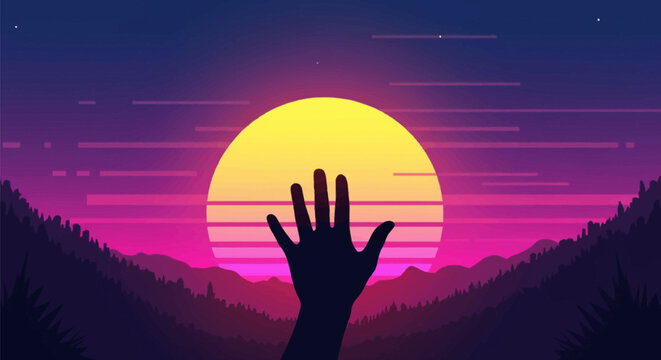 Silhouette of a human hand reaching toward a large yellow sun in a retro synthwave landscape featuring purple mountains, pine trees, and a starry sky with digital glitch effects.