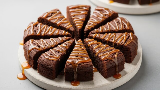 Slices of rich chocolate cake arranged in a circle on a white plate, drizzled with golden caramel sauce