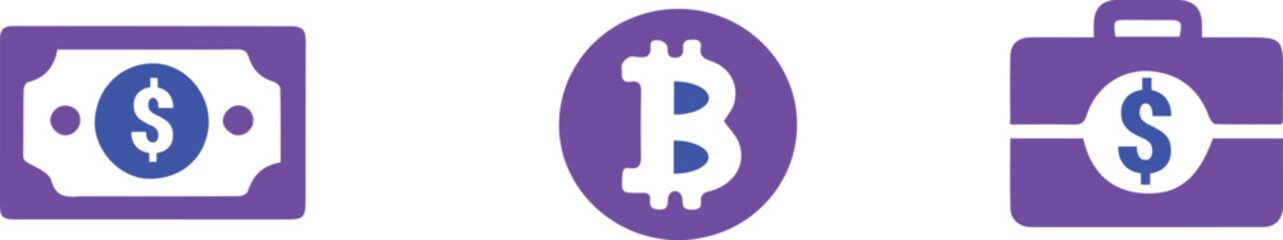 Fototapeta premium Finance and Cryptocurrency Icons Set with Dollar Bill Bitcoin and Money Briefcase Vector Illustration