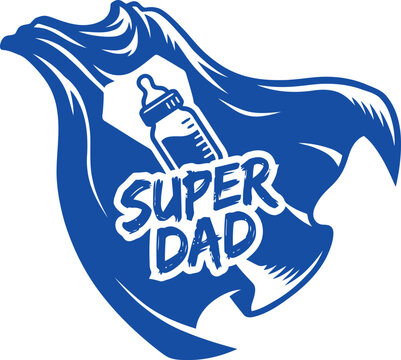 Creative superhero dad logo with baby bottle and cape design illustration