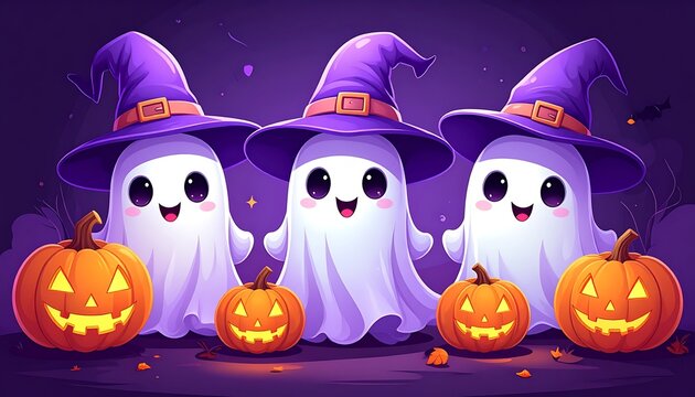 Three smiling ghosts wearing purple witch hats