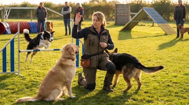 Dog Trainer Working with Pets in Outdoor Agility Training Session