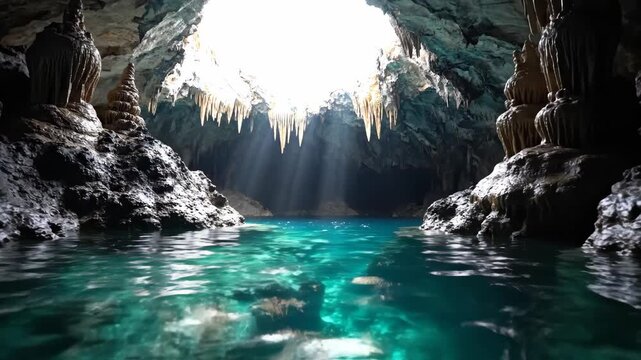 Sunlight Streams Into Underwater Cave With Stalactites and Crystal Clear Water