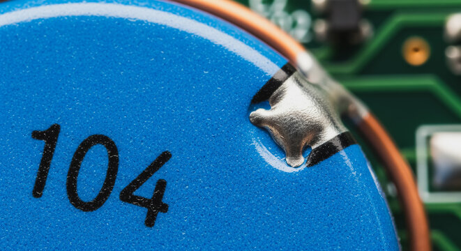 Macro View of Blue Ceramic Capacitor 104 on Green Printed Circuit Board for Electronics Engineering