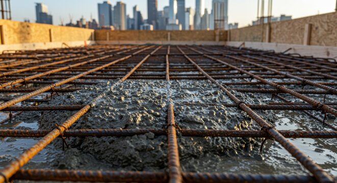 Concrete pouring on rusty steel reinforcement at construction site urban setting