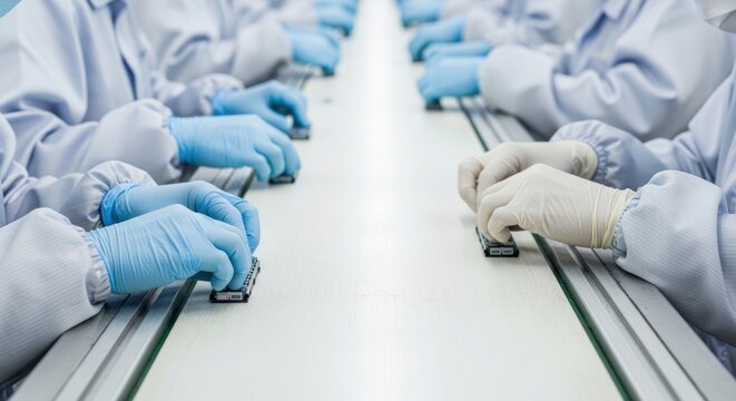 Workers assembling electronic chips on production line in cleanroom manufacturing