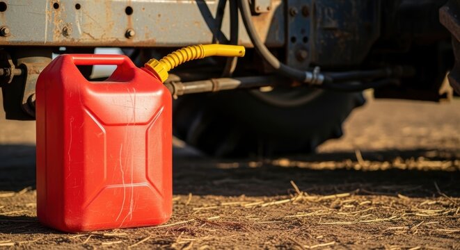 red gasoline canister next to tractor wheel on dry dirt field outdoors
