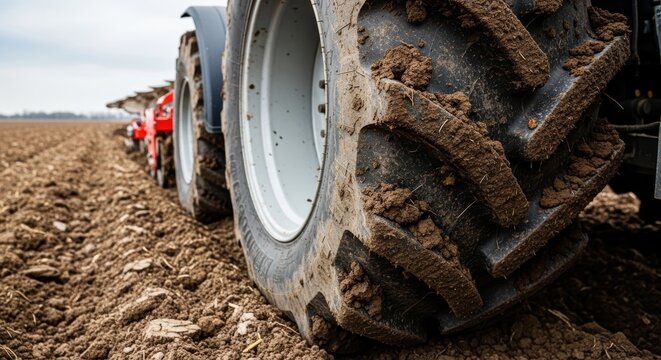 Tractor tire rolling plowed soil farming field close up agricultural machinery