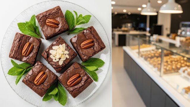 Top view of delicious chocolate brownies with pecans and mint leaves on a glass plate in a bakery setting